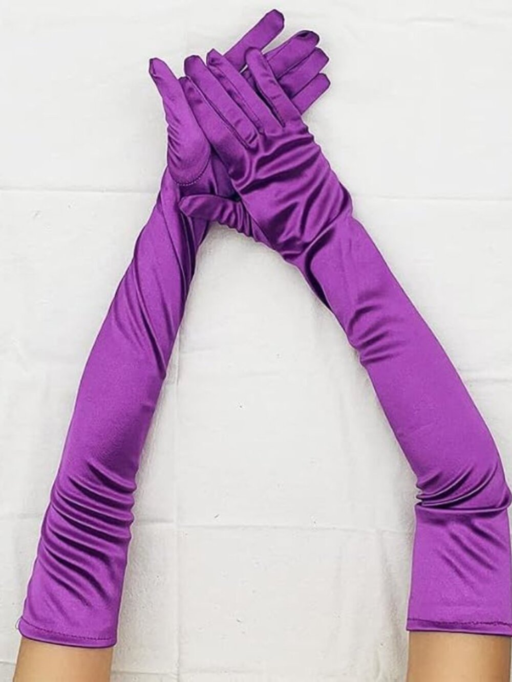 Women's Purple 1920s Elbow Length Stretchy Satin Long Opera Gloves - Picture 3 of 3